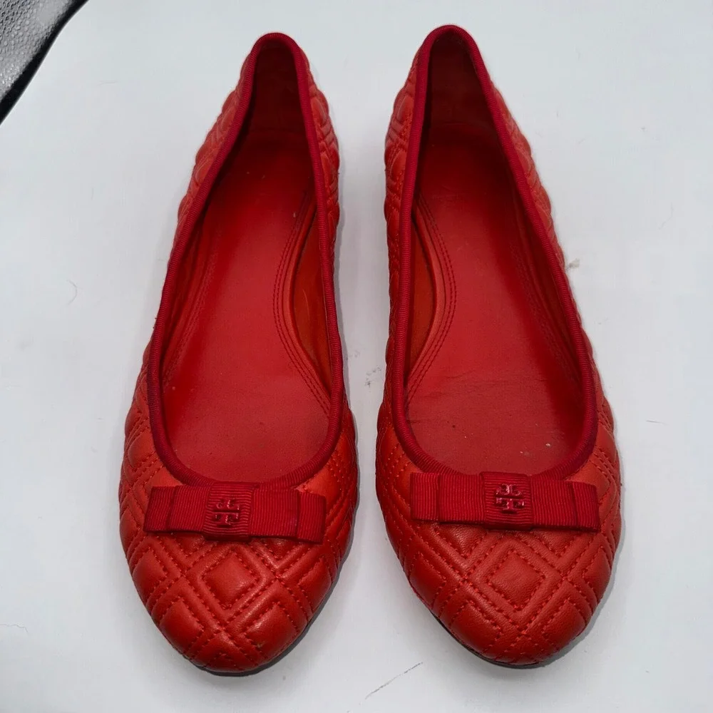 Tory Burch Marion Quilted Leather Ballet Flats Samba Red Bow Logo 7M Dress Shoes